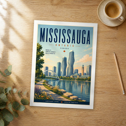 Unframed Mississauga retro travel poster on a wooden table