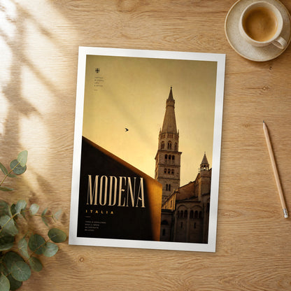Unframed Modena bold typography travel poster on a wooden table