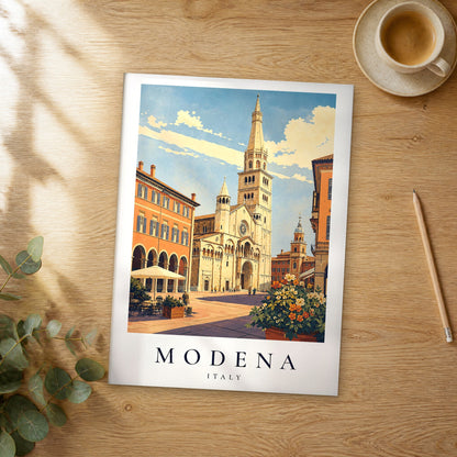 Unframed Modena vintage travel poster on a wooden table