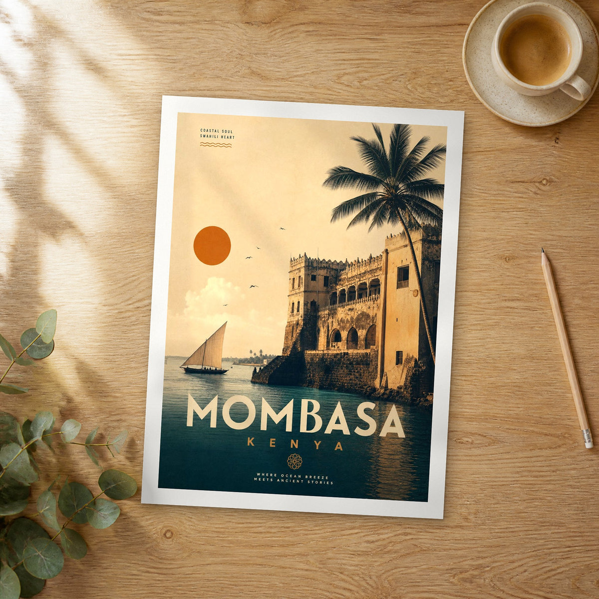 Unframed Mombasa bold typography travel poster on a wooden table