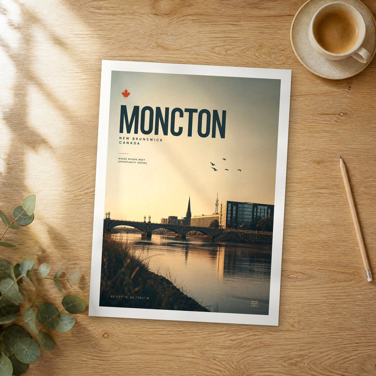 Unframed Moncton bold typography travel poster on a wooden table