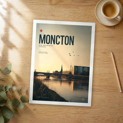 Unframed Moncton bold typography travel poster on a wooden table