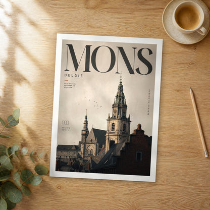 Unframed Mons bold typography travel poster on a wooden table