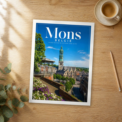 Unframed Mons editorial travel poster on a wooden table