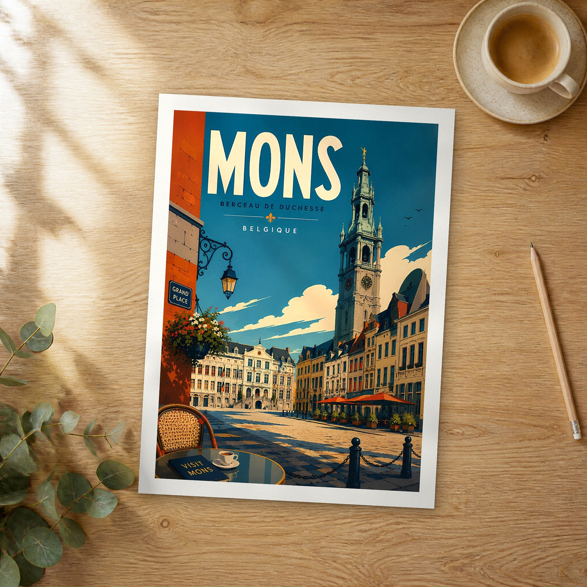 Unframed Mons retro travel poster on a wooden table
