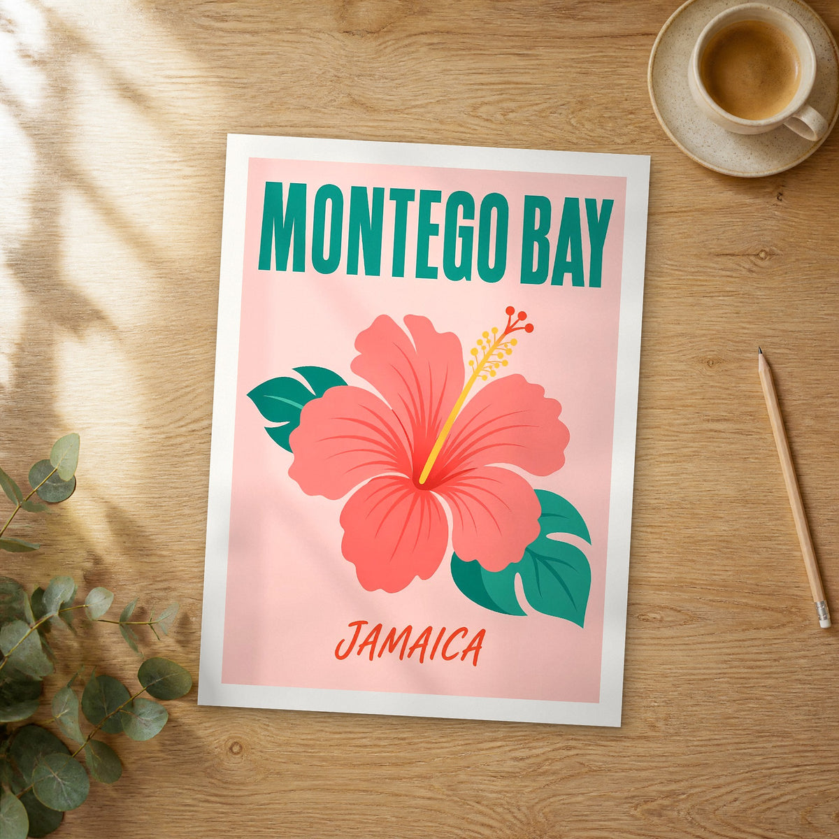 Unframed Montego Bay pop art travel poster on a wooden table