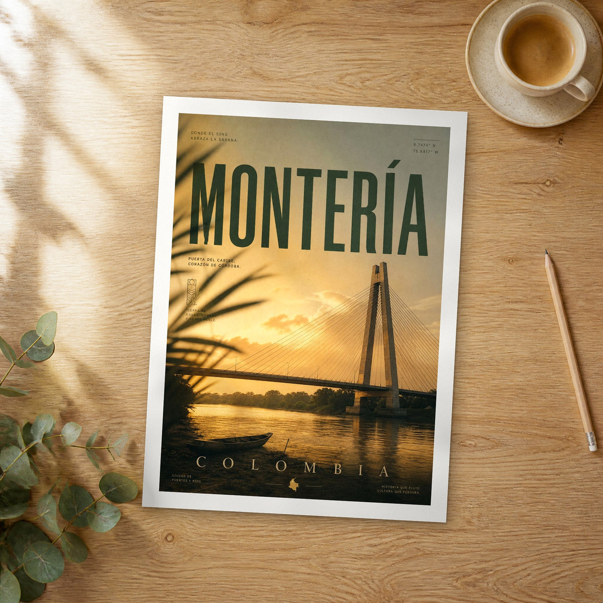 Unframed Montería bold typography travel poster on a wooden table
