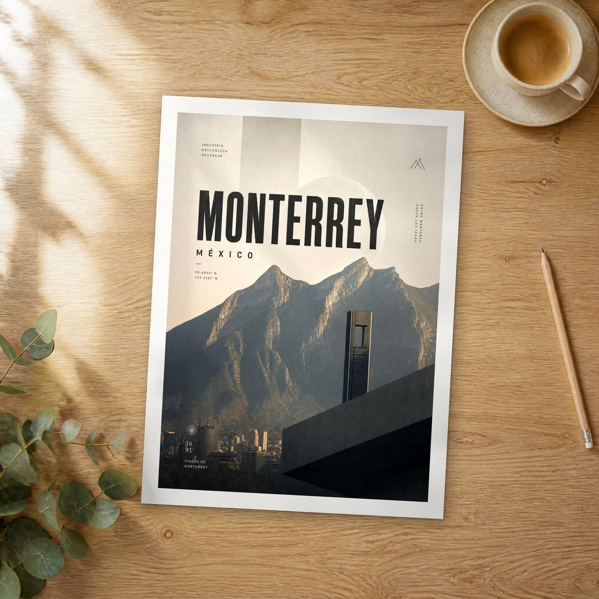 Unframed Monterrey bold typography travel poster on a wooden table