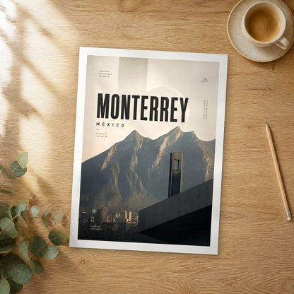 Unframed Monterrey bold typography travel poster on a wooden table