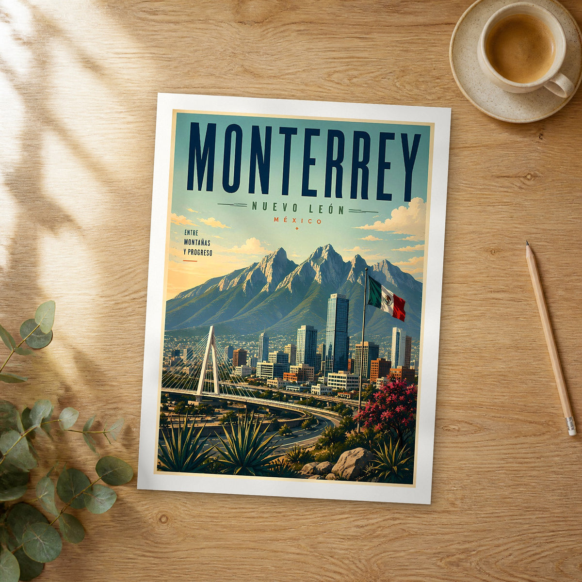 Unframed Monterrey retro travel poster on a wooden table