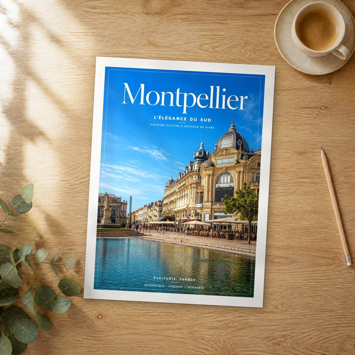 Unframed Montpellier editorial travel poster on a wooden table