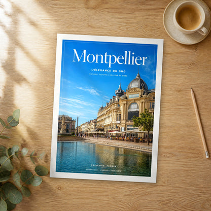 Unframed Montpellier editorial travel poster on a wooden table