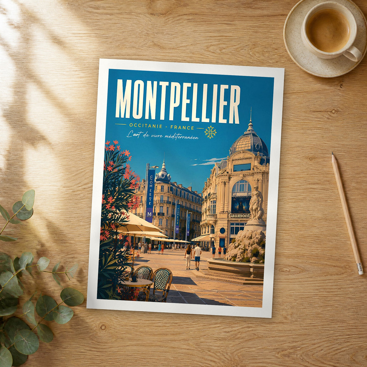 Unframed Montpellier retro travel poster on a wooden table