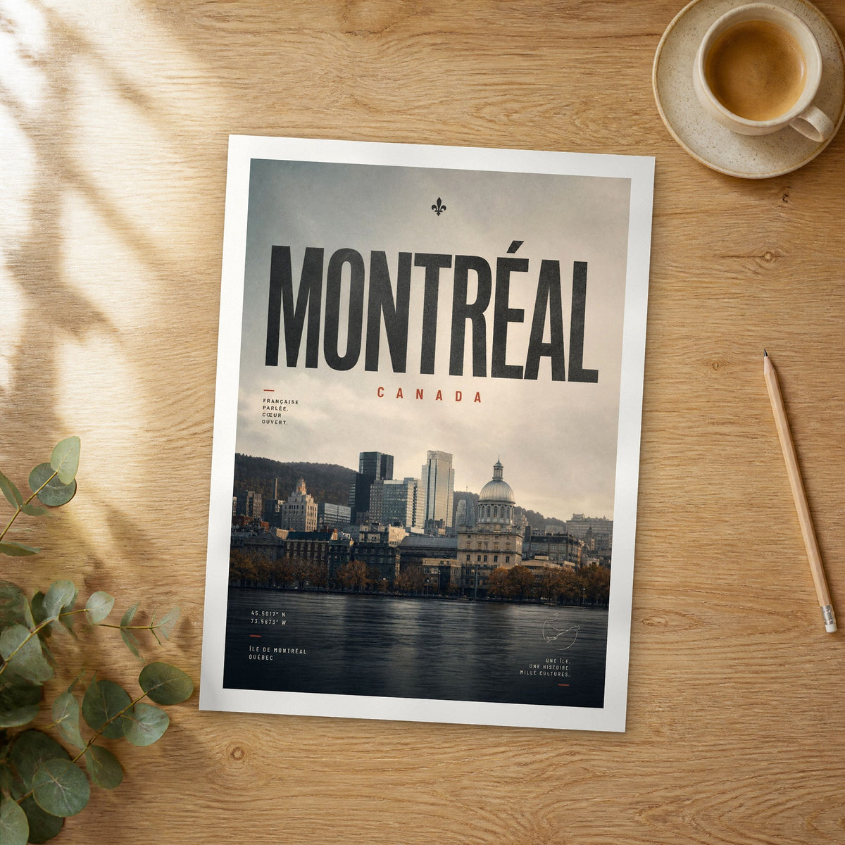 Unframed Montreal bold typography travel poster on a wooden table