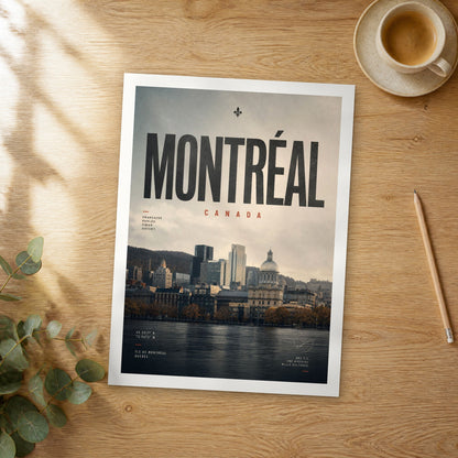 Unframed Montreal bold typography travel poster on a wooden table