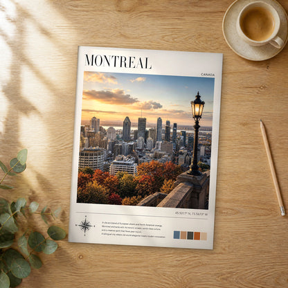 Unframed Montreal modern photography travel poster on a wooden table