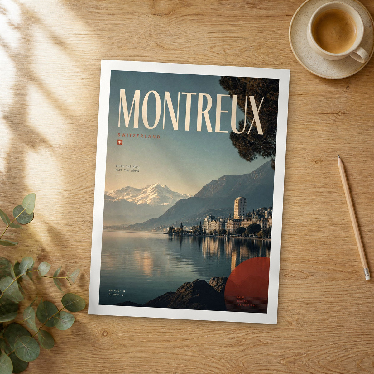 Unframed Montreux bold typography travel poster on a wooden table