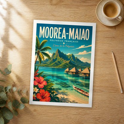 Unframed Moorea-Maiao retro travel poster on a wooden table