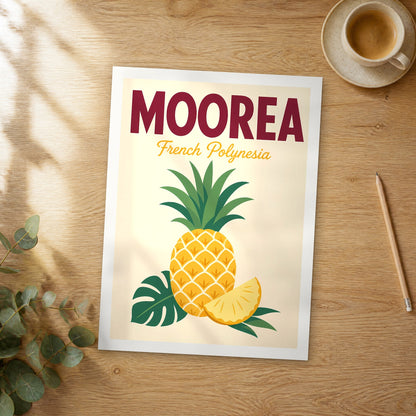 Unframed Moorea pop art travel poster on a wooden table
