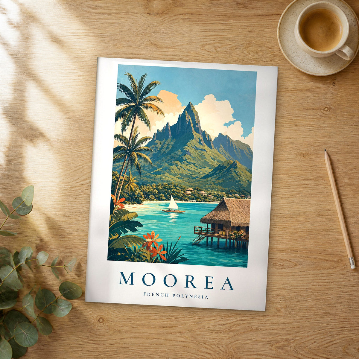 Unframed Moorea vintage travel poster on a wooden table