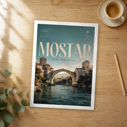 Unframed Mostar bold typography travel poster on a wooden table