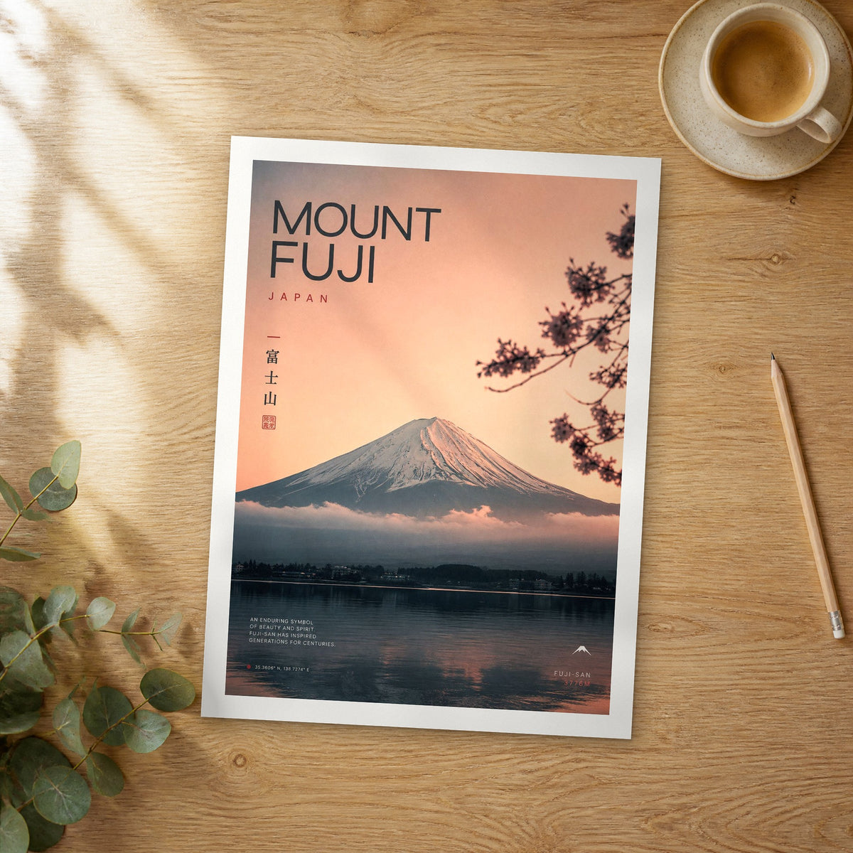 Unframed Mount Fuji Fuji Lake Reflection bold typography travel poster on a wooden table