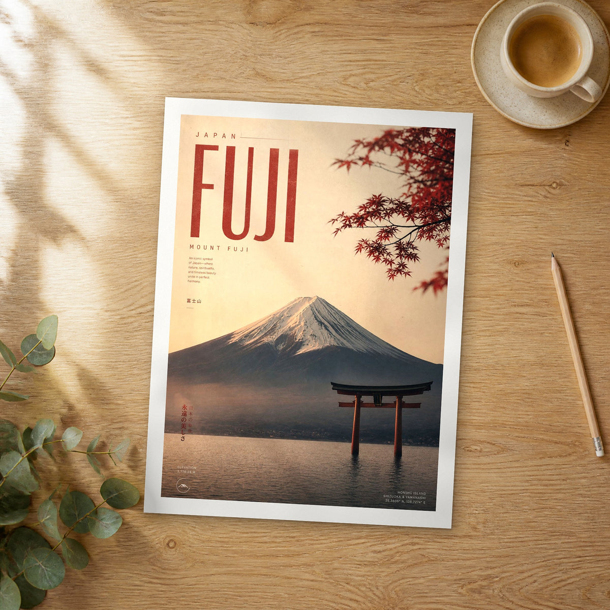Unframed Mount Fuji Torii Gate and Fuji bold typography travel poster on a wooden table