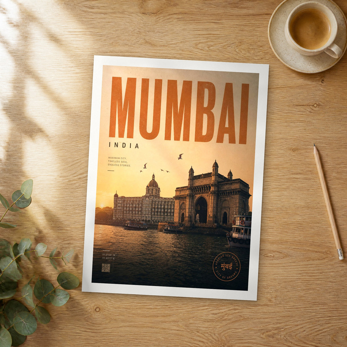 Unframed Mumbai bold typography travel poster on a wooden table
