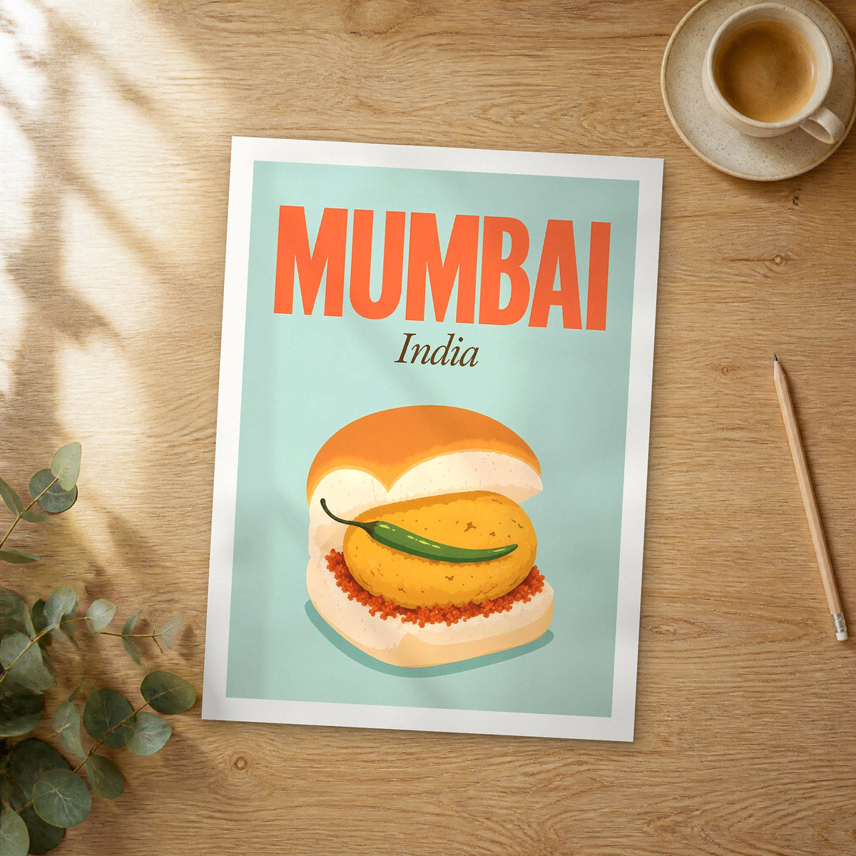 Unframed Mumbai pop art travel poster on a wooden table