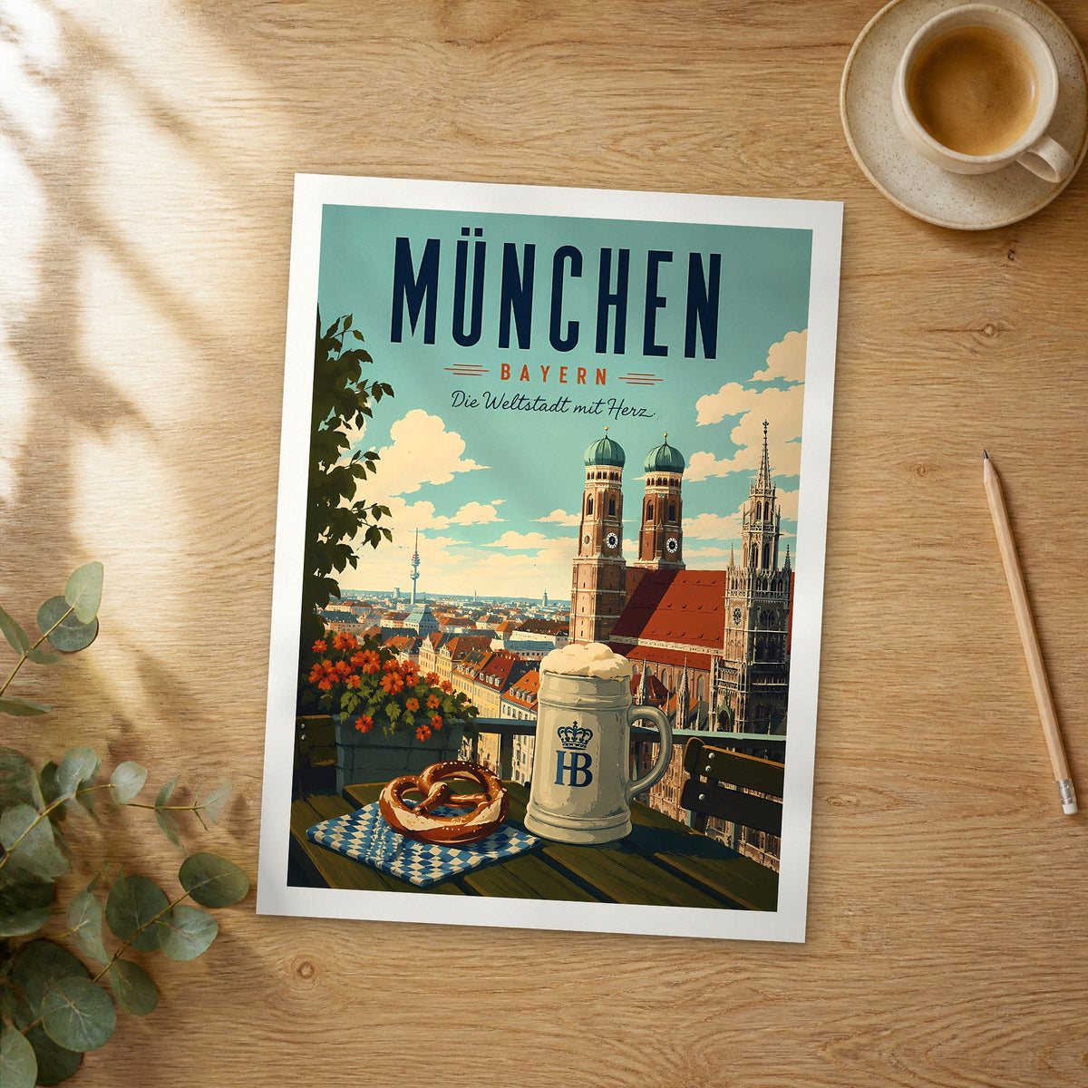 Unframed München retro travel poster on a wooden table