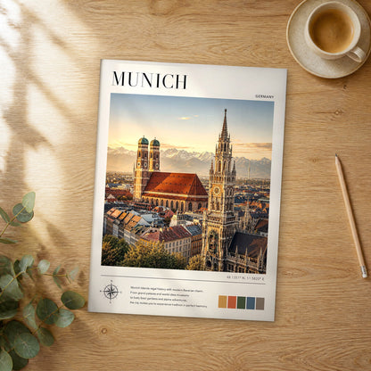 Unframed Munich modern photography travel poster on a wooden table