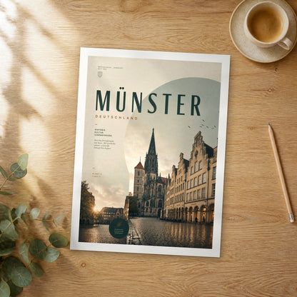 Unframed Münster bold typography travel poster on a wooden table