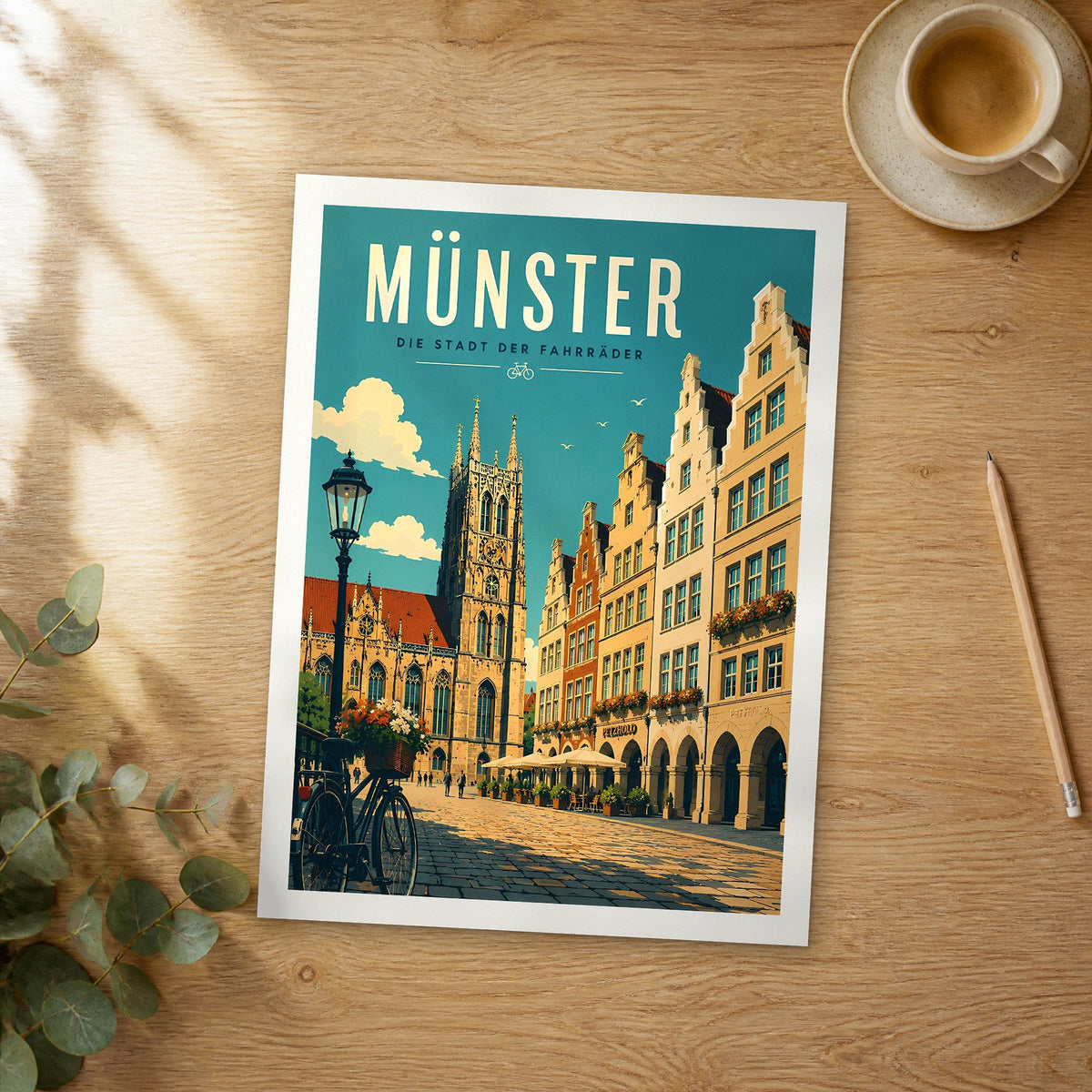 Unframed Münster retro travel poster on a wooden table