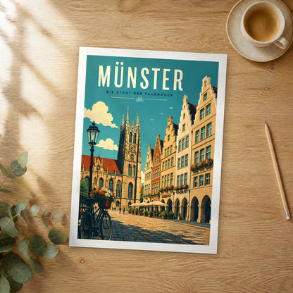 Unframed Münster retro travel poster on a wooden table