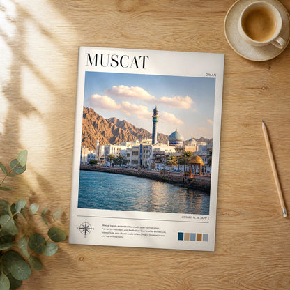 Unframed Muscat modern photography travel poster on a wooden table