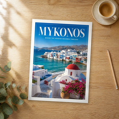 Unframed Mykonos Little Venice Waterfront editorial travel poster on a wooden table