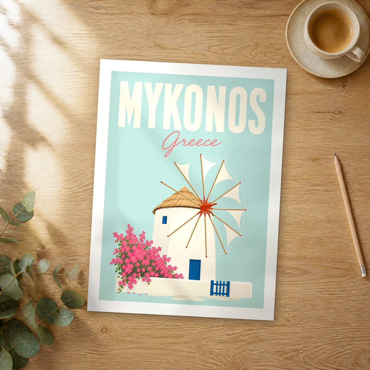 Unframed Mykonos pastel pop art travel poster on a wooden table