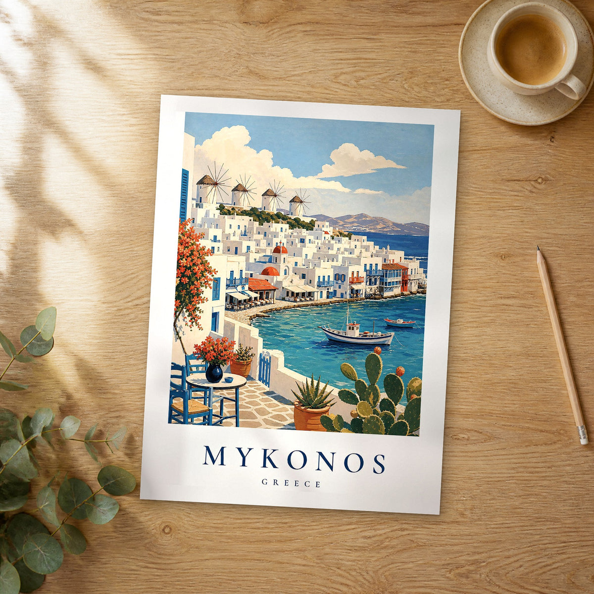 Unframed Mykonos vintage travel poster on a wooden table
