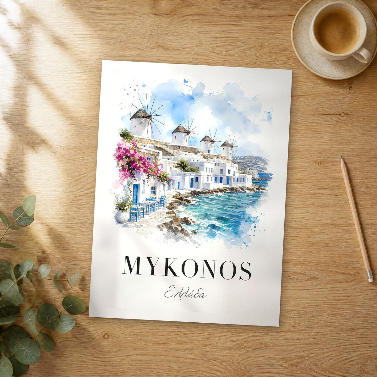Unframed Mykonos Windmills and Bougainvillea watercolor travel poster on a wooden table