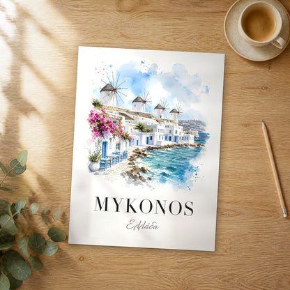 Unframed Mykonos Windmills and Bougainvillea watercolor travel poster on a wooden table