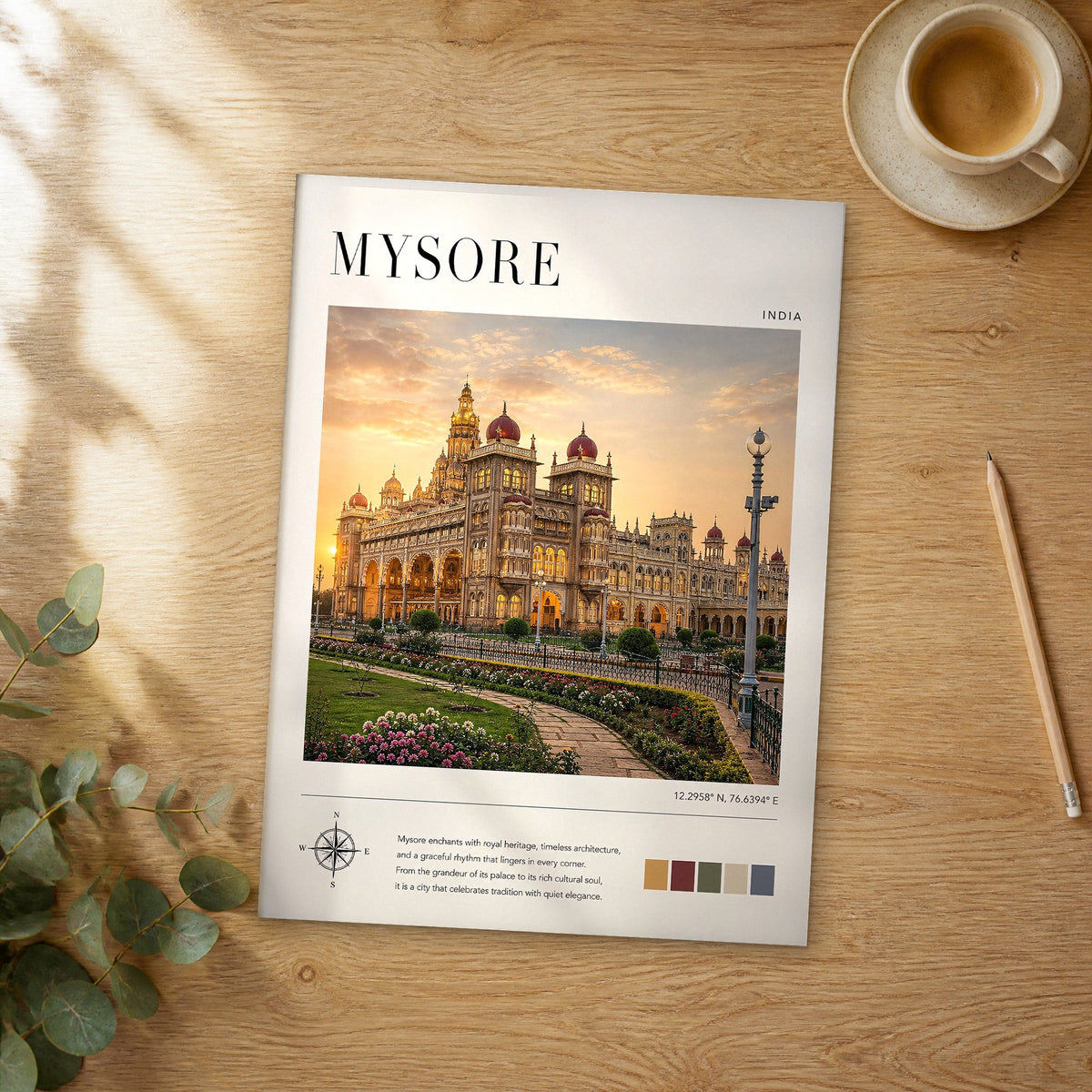 Unframed Mysore modern photography travel poster on a wooden table