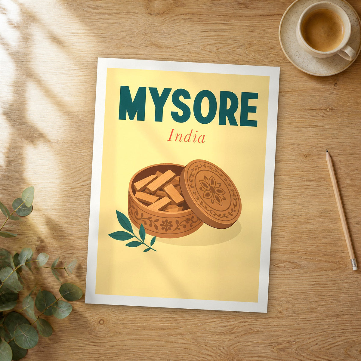 Unframed Mysore pop art travel poster on a wooden table