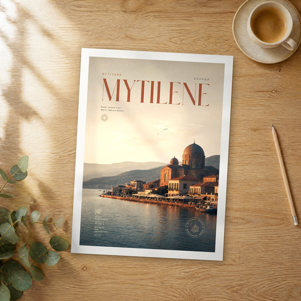 Unframed Mytilene bold typography travel poster on a wooden table