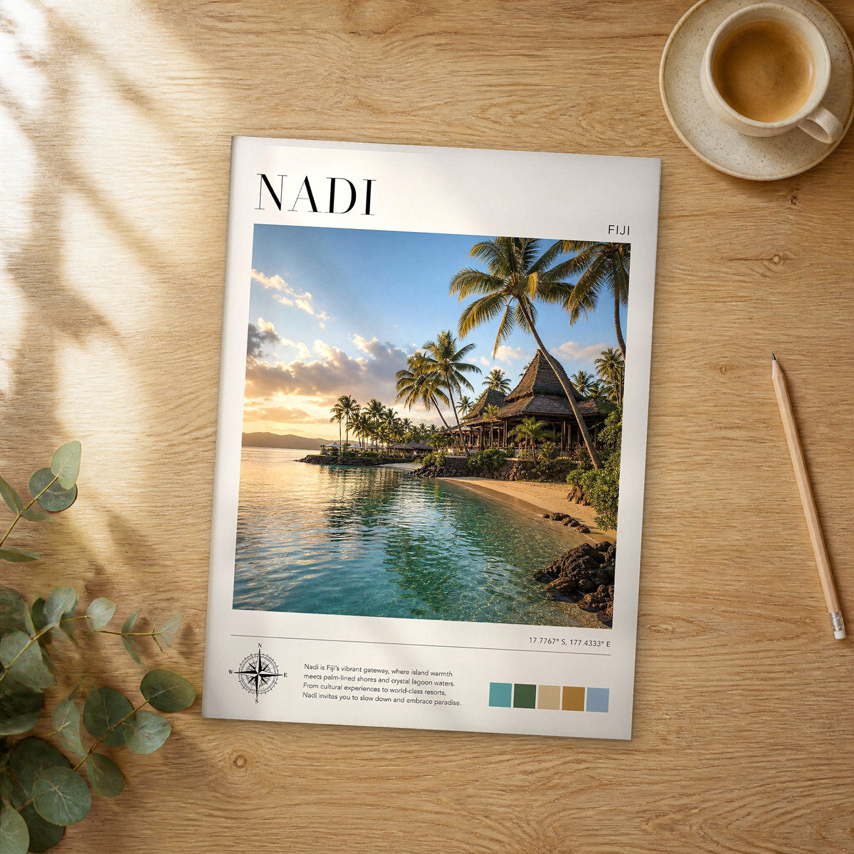 Unframed Nadi modern photography travel poster on a wooden table