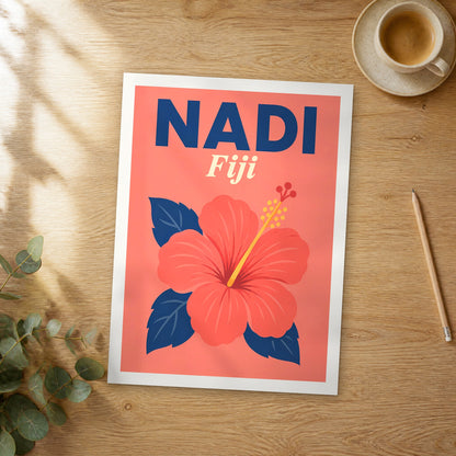 Unframed Nadi pop art travel poster on a wooden table