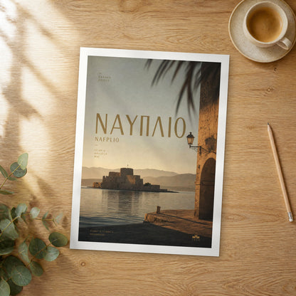 Unframed Nafplio bold typography travel poster on a wooden table