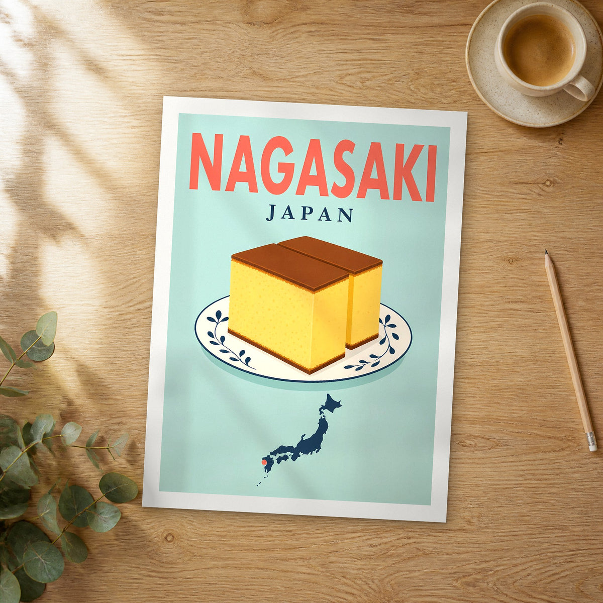 Unframed Nagasaki pop art travel poster on a wooden table