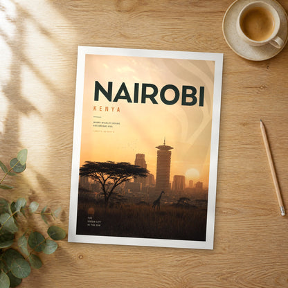 Unframed Nairobi bold typography travel poster on a wooden table