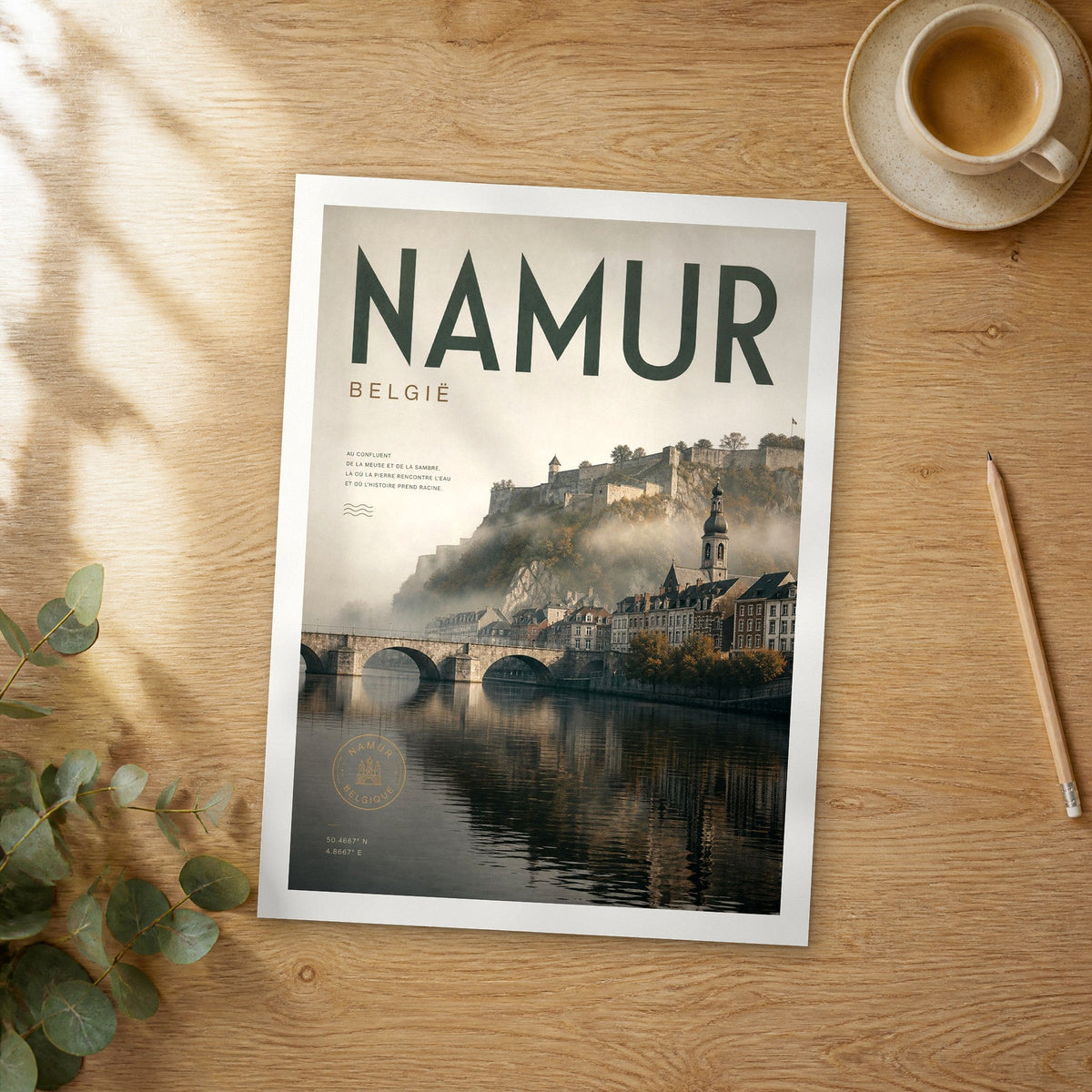 Unframed Namur bold typography travel poster on a wooden table