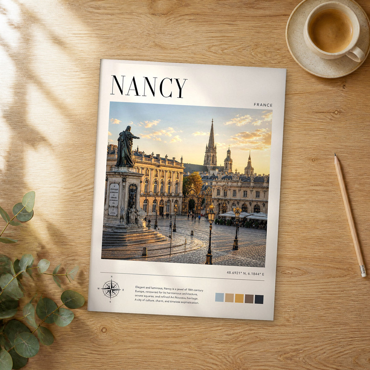 Unframed Nancy modern photography travel poster on a wooden table